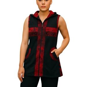 Ark Imports Boho Artsy Colourblock Longline Full Zip Hooded Vest Small Black NWT